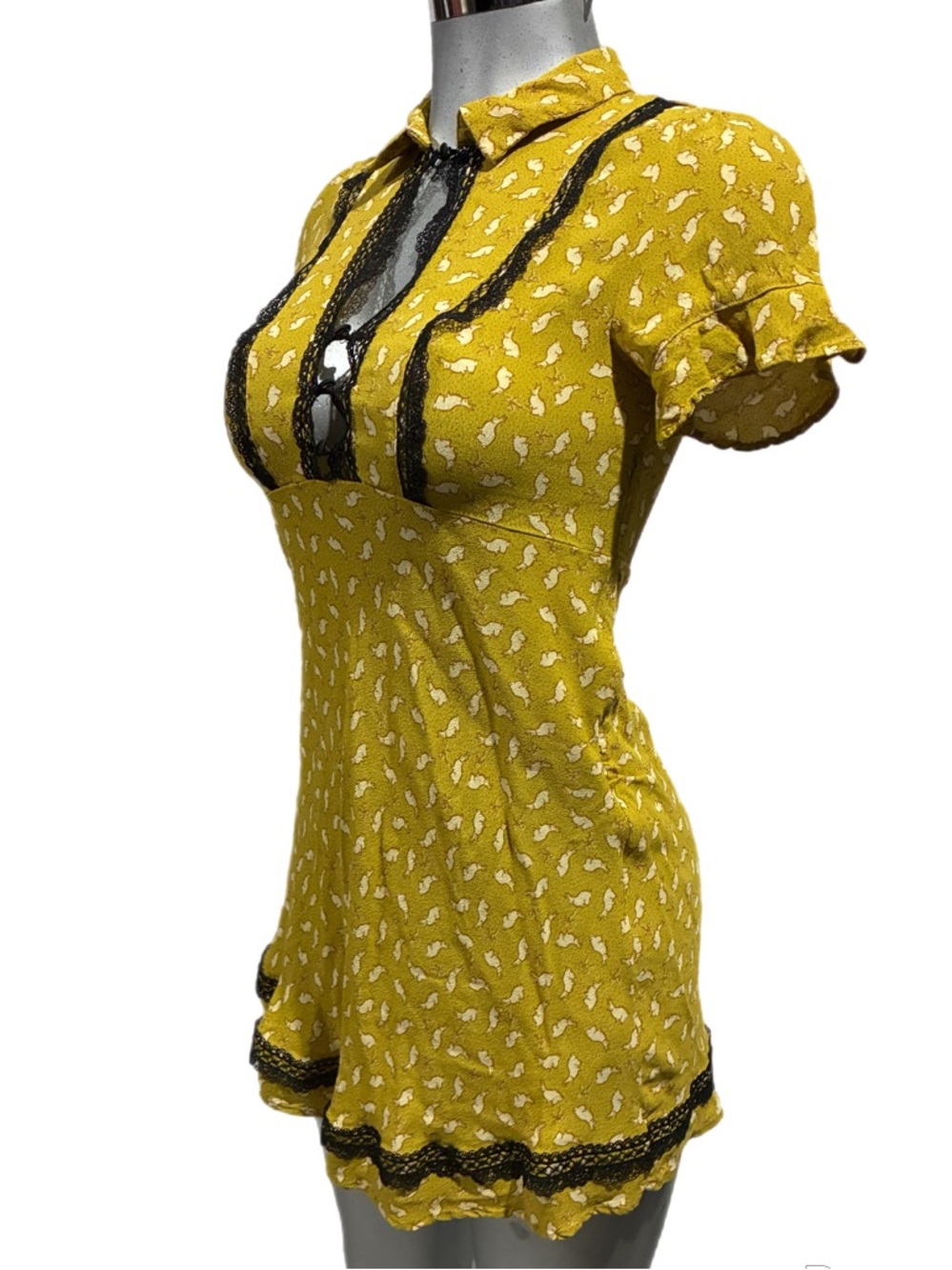 Kimchi Blue Leah Mini Dress Lace Inset  Mustard Yellow Bunny Print Small Peasant